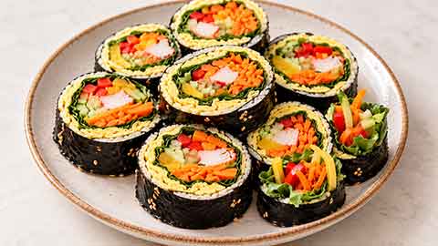 접시에 담긴 계란지단과 여러 색 채소가 보이는 김밥 조각